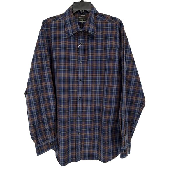 Neiman Marcus Men's Casual Shirt Button Up Navy Brown Check Plaid - Picture 1 of 6